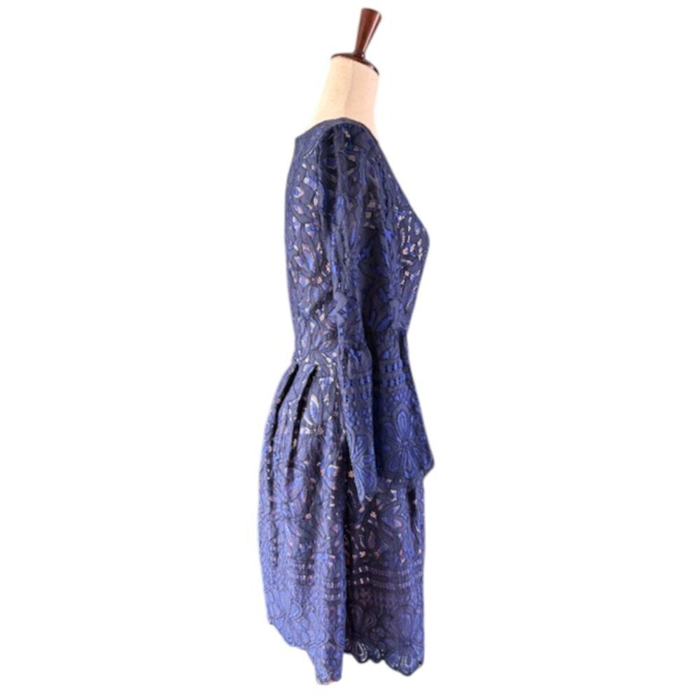 ELIZA J Reverie Navy Blue Nude Lined Lace Dress Bell Sleeves Fit Flare Size 8 - Picture 11 of 16